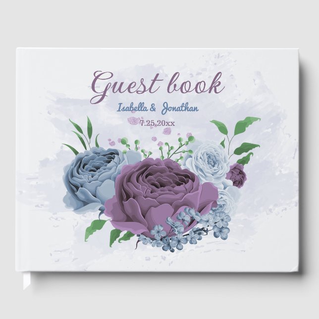 Purple dusty blue floral wedding  guest book (Front)
