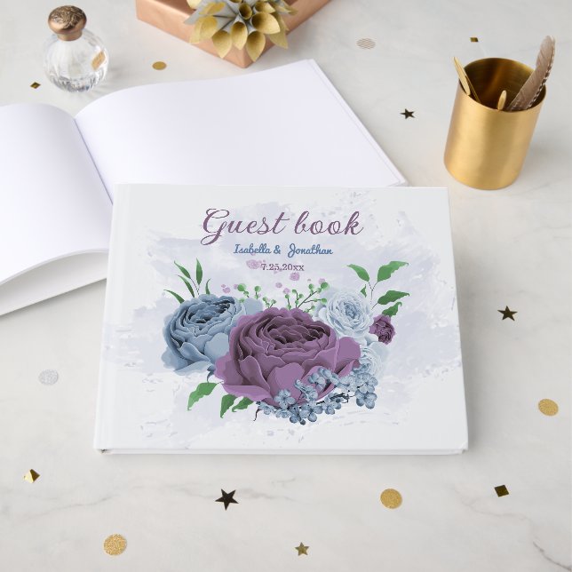Purple dusty blue floral wedding  guest book (Front Open)