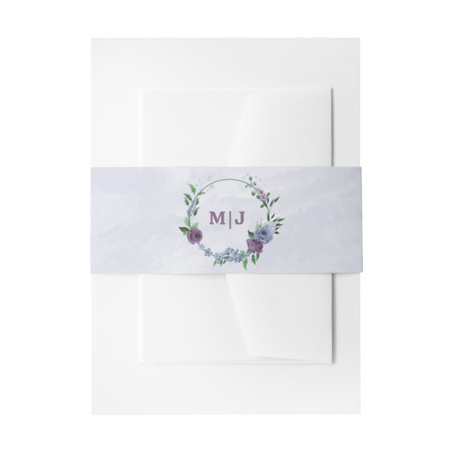 Purple dusty blue floral wedding  invitation belly band (Front Example)