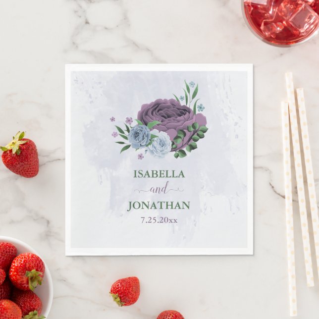 Purple dusty blue floral wedding napkin (Insitu)