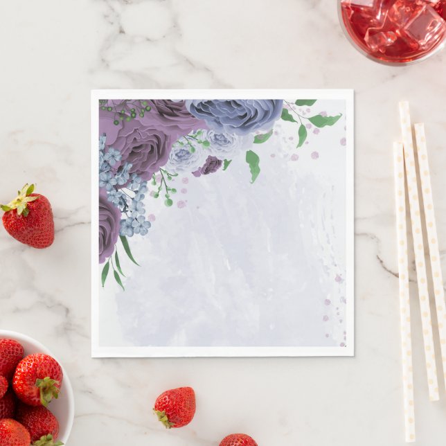 Purple dusty blue floral wedding napkin (Insitu)