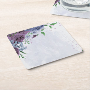 Purple dusty blue floral wedding square paper coaster