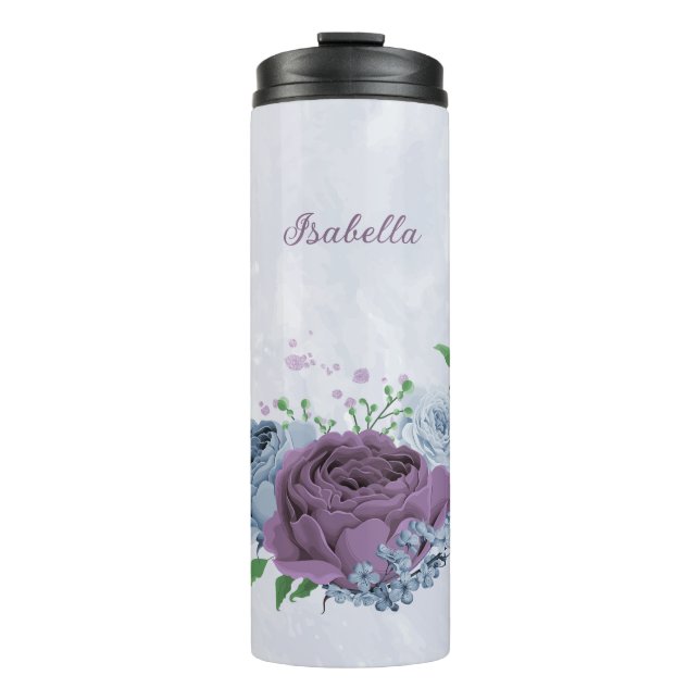 Purple dusty blue floral wedding  thermal tumbler (Front)