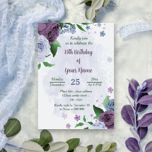 Purple dusty blue flowers green leaves birthday invitation