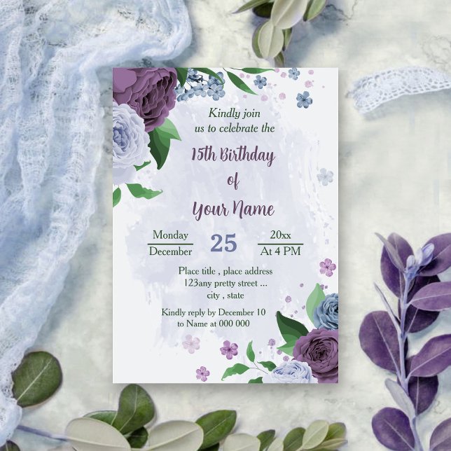 Purple dusty blue flowers green leaves birthday invitation (Creator Uploaded)