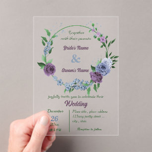 Purple dusty blue flowers green leaves wedding acrylic invitations