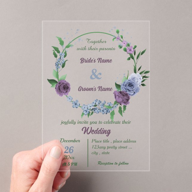 Purple dusty blue flowers green leaves wedding acrylic invitations (Insitu (Handheld))