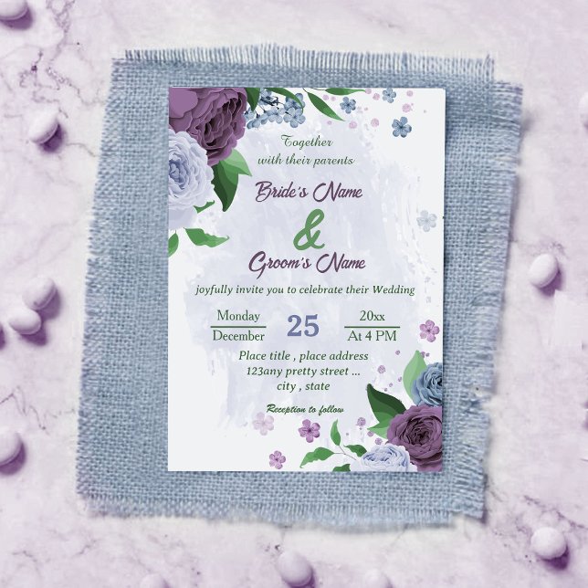 Purple dusty blue flowers green leaves wedding invitation (Creator Uploaded)