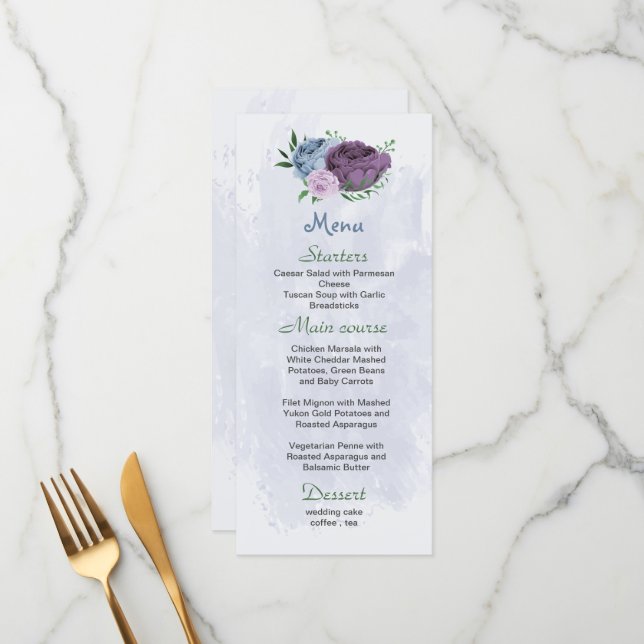Purple dusty blue flowers green leaves wedding menu (Front/Back In Situ)