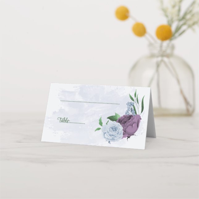Purple dusty blue flowers green leaves wedding place card (Front)