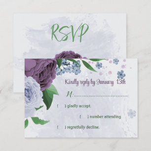 Purple dusty blue flowers green leaves wedding RSVP card