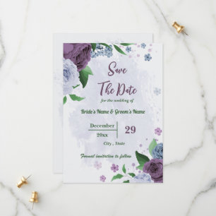 Purple dusty blue flowers green leaves wedding save the date