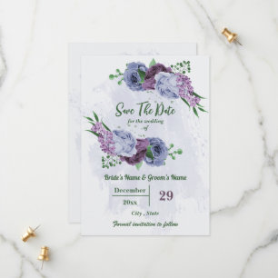 Purple dusty blue flowers green leaves wedding save the date