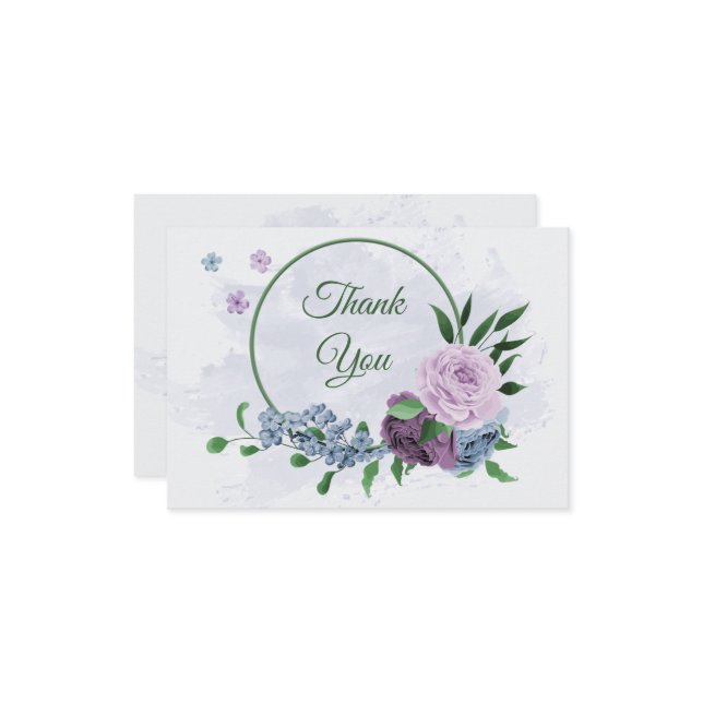 Purple dusty blue flowers green leaves wedding thank you card (Front/Back In Situ)