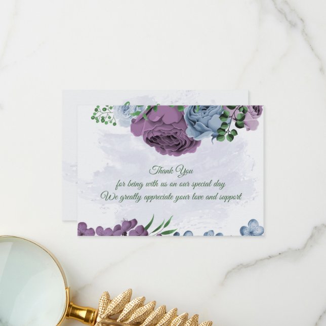 Purple dusty blue flowers green leaves wedding thank you card (Front/Back In Situ)