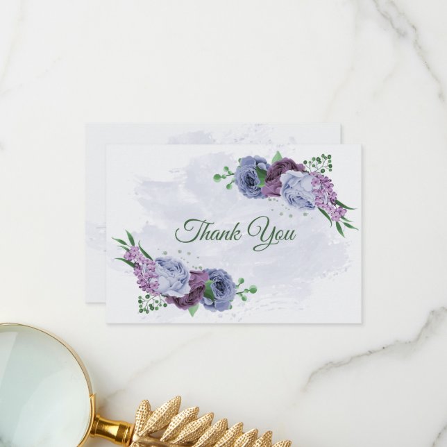 Purple dusty blue flowers green leaves wedding thank you card (Front/Back In Situ)