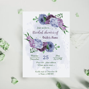 Purple dusty blue flowers greenery bridal shower invitation