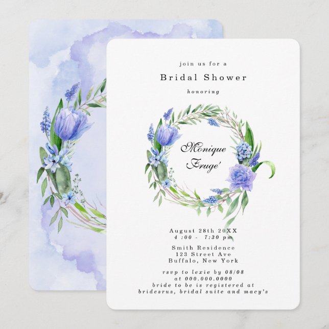 Purple Dusty Blue Hyacinth Peony Bridal Shower Invitation (Front/Back)