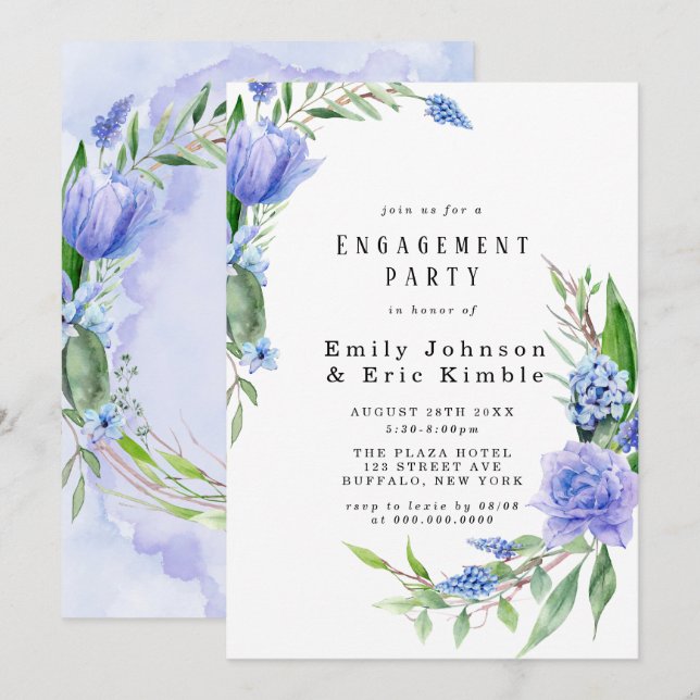 Purple Dusty Blue Hyacinth Peony Engagement Party Invitation (Front/Back)