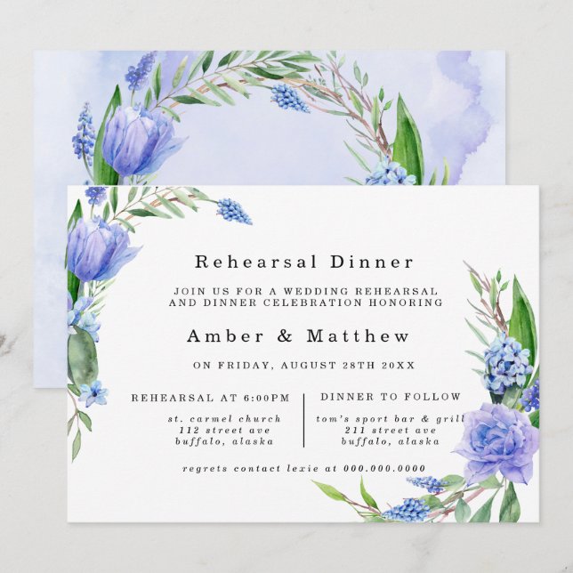 Purple Dusty Blue Hyacinth Peony Rehearsal Dinner Invitation (Front/Back)