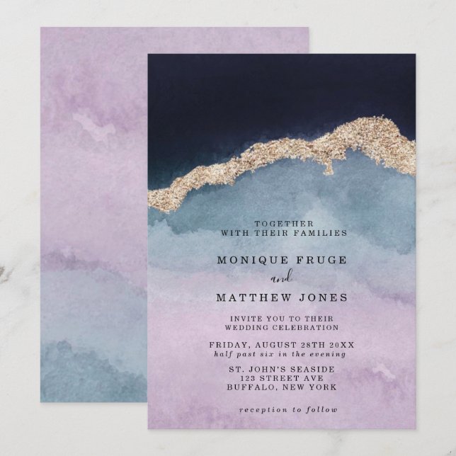 Purple Dusty Blue Watercolor Agate Gold Wedding In Invitation (Front/Back)
