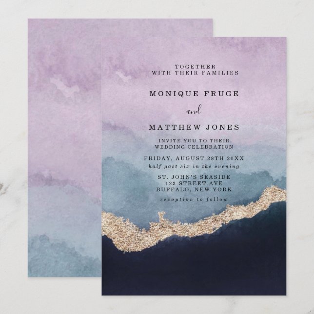 Purple Dusty Blue Watercolor Agate Gold Wedding Invitation (Front/Back)
