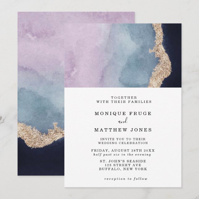 Purple Dusty Blue Watercolor Agate Gold Wedding Invitation (Front/Back)