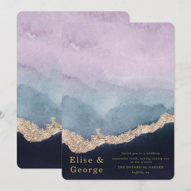Purple Dusty Blue Watercolor Agate Gold Wedding Invitation (Front/Back)