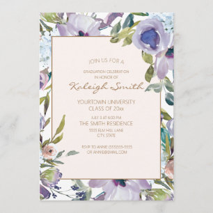 Purple Dusty Blue Watercolor Floral Graduation Invitation