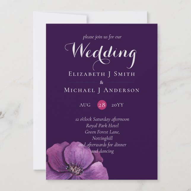 Purple Dynasty Dark Floral Budget Wedding Invites (Front)