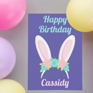 Purple Easter Birthday Party Cute Custom Bunny Card