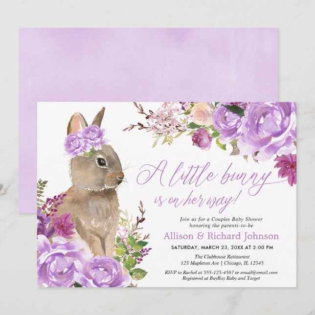 Purple easter bunny couples girl baby shower invitation (Front/Back)