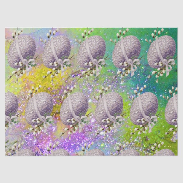 PURPLE EASTER EGG,WHITE BLOSSOMS,YELLOW SPARKLES  TISSUE PAPER (Front)