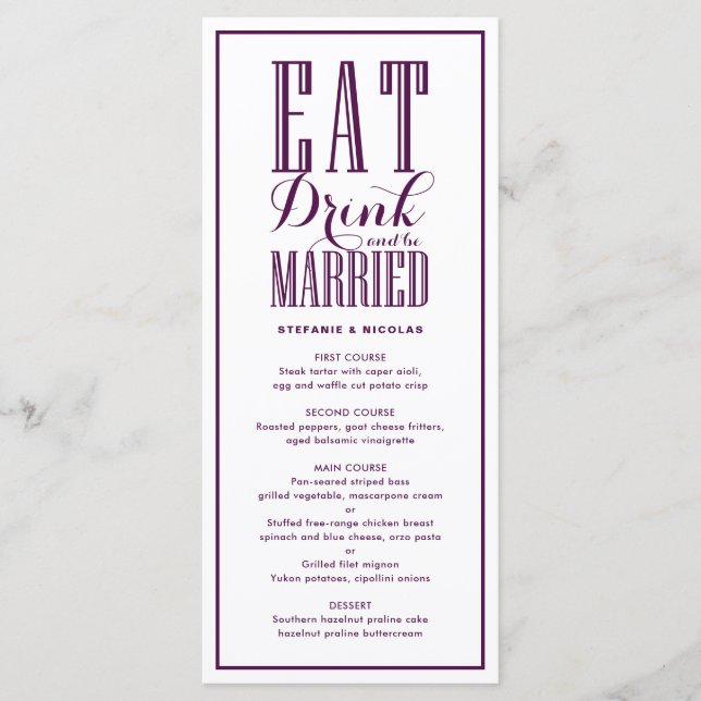 Purple Eat, Drink and Be Married Wedding Menu (Front)