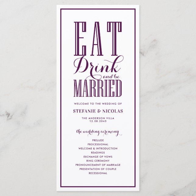 Purple Eat Drink and be Married Wedding Programme (Front)
