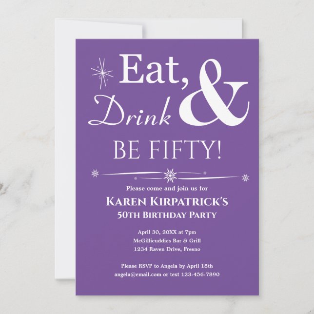 Purple Eat Drink Be Fifty 50th Birthday Midcentury Invitation (Front)
