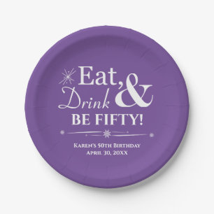 Purple Eat Drink Be Fifty Throwback 50th Birthday Paper Plate