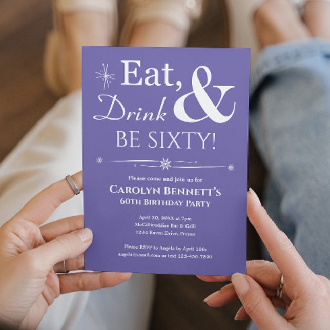 Purple Eat Drink Be Sixty 60th Birthday Midcentury Invitation (Creator Uploaded)