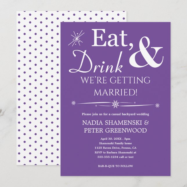 Purple Eat Drink Getting Married Backyard Wedding  Invitation (Front/Back)