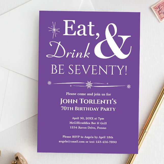 Purple Eat Drink Seventy 70th Birthday Mid Mod Invitation (Creator Uploaded)