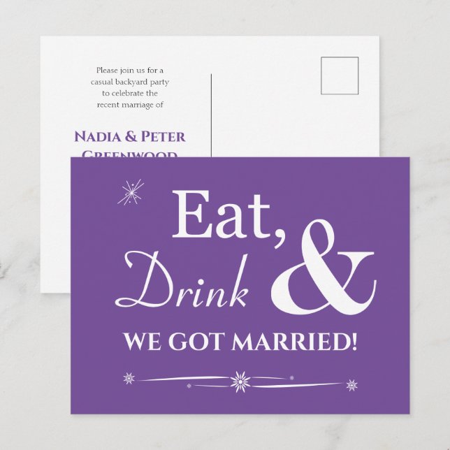 Purple Eat Drink We Got Married Retro Elopement Postcard (Front/Back)