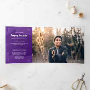 Purple Edgy Abstract Brushstroke Photo Graduation Tri-Fold Invitation