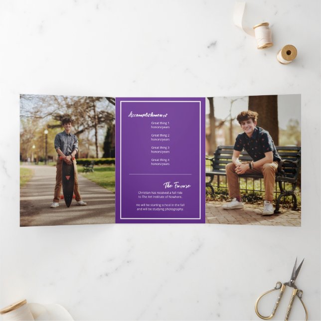 Purple Edgy Abstract Torn Photo Graduation Tri-Fold Invitation (Inside)