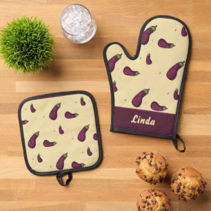 Purple eggplants on yellow oven mitt & pot holder set