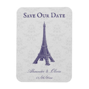 Purple Eiffel Tower Damask Save The Date Magnet