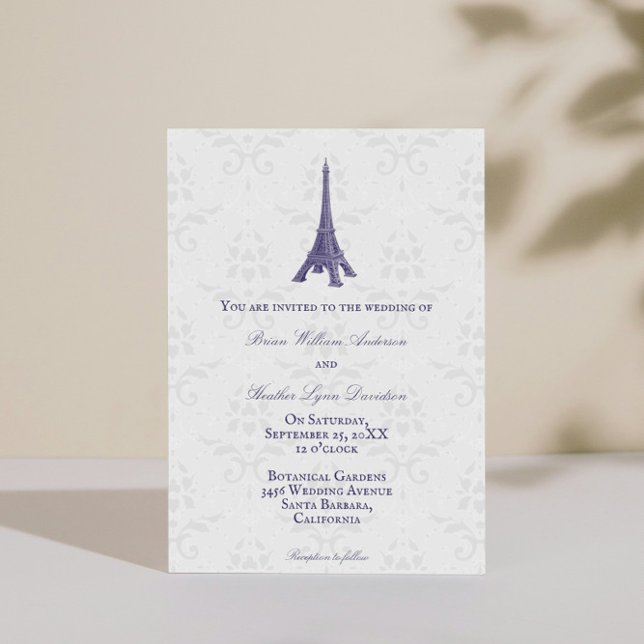 Purple Eiffel Tower Damask Wedding Invitation (Purple Eiffel Tower Damask Wedding Invitation)