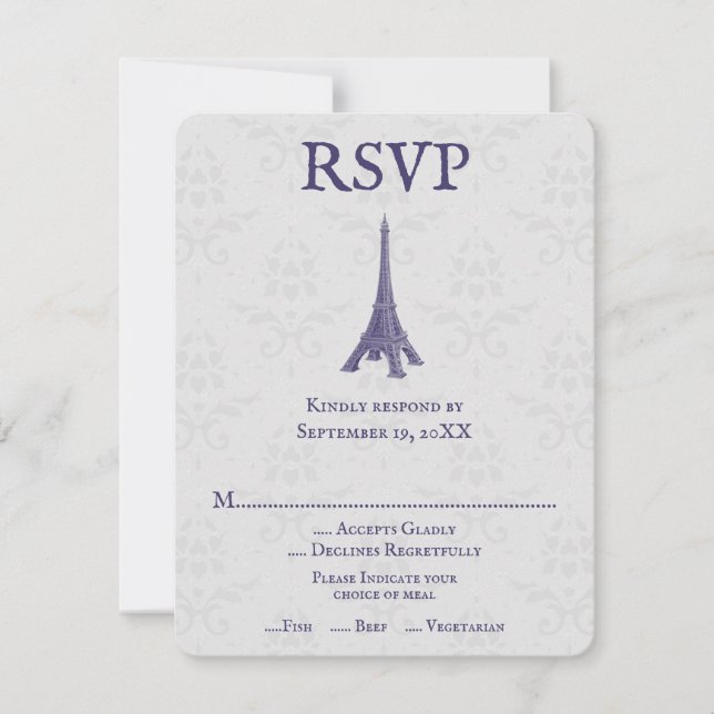 Purple Eiffel Tower Damask Wedding RSVP Card (Front)