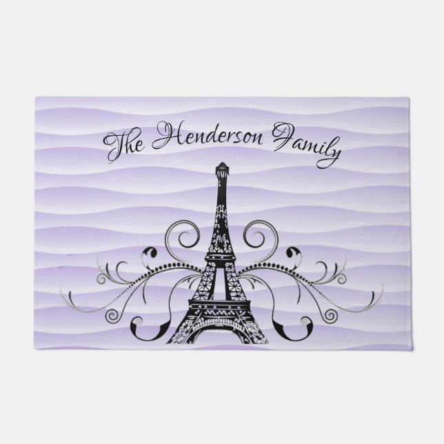Purple Eiffel Tower Flourish Personalised Door Mat (Front)