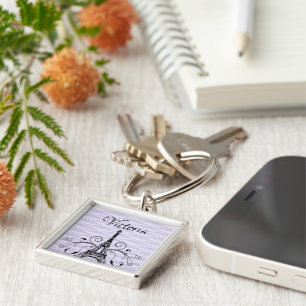 Purple Eiffel Tower Flourish Square Keychain