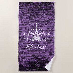 Purple Eiffel Tower Grunge Beach Towel